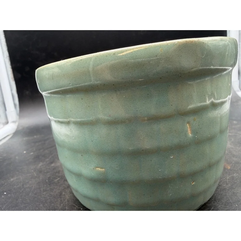 Vintage USA 1 Basketweave Stoneware Crock Sage Green Ceramic Planter Pot
